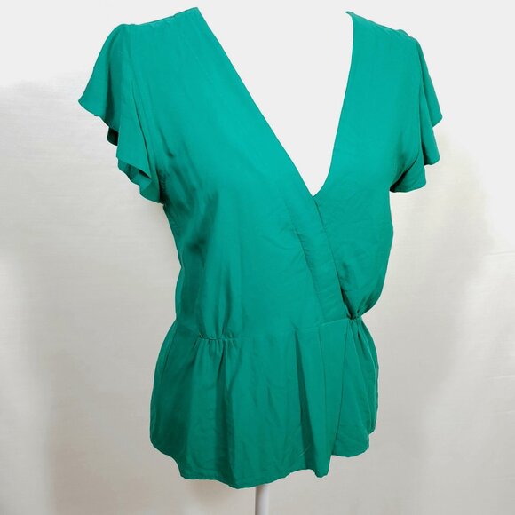 J by J Crew Size 4 Green Faux Wrap Top Flutter Sleeve Peplum Women’s S - Picture 1 of 8